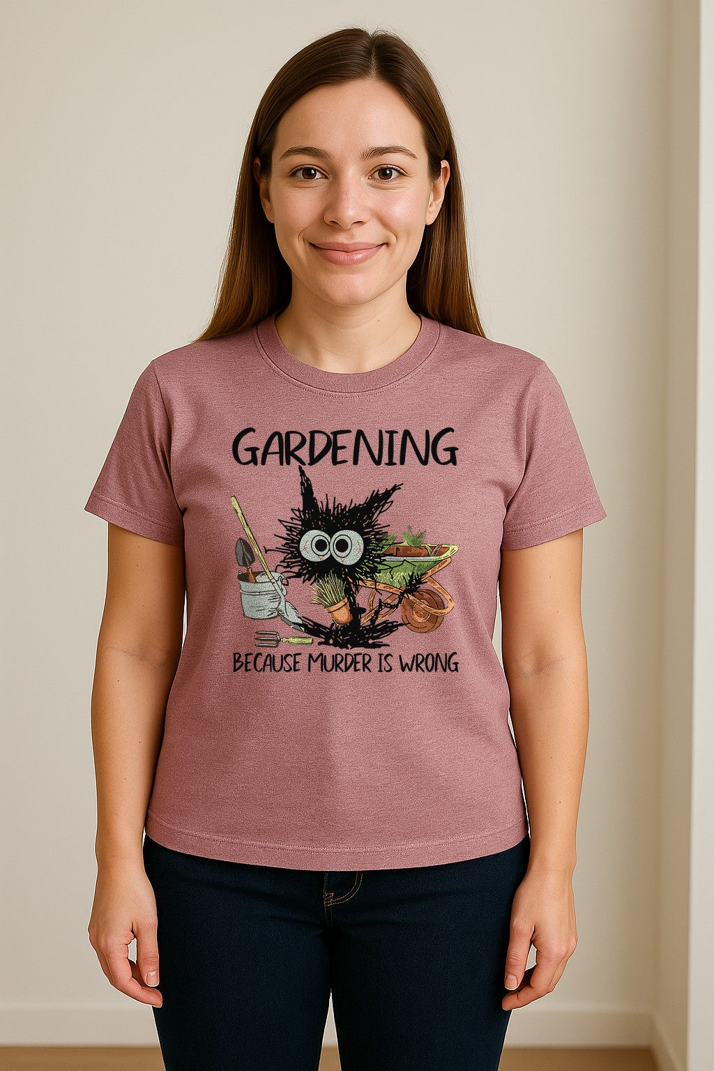 Gardening T-Shirt, Black Cat Because Murder Is Wrong Funny Plant Lover Gift