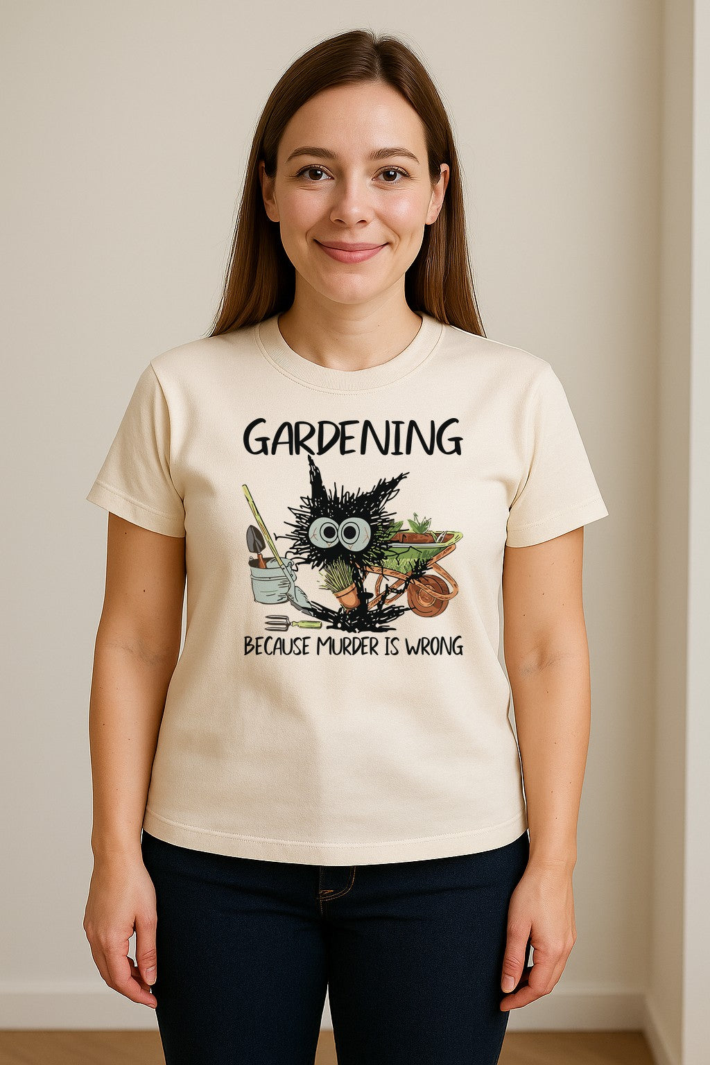 Gardening T-Shirt, Black Cat Because Murder Is Wrong Funny Plant Lover Gift