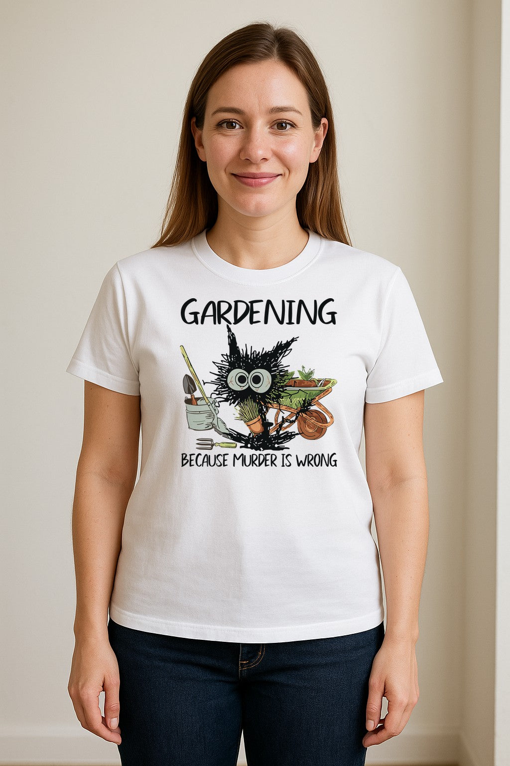 Gardening T-Shirt, Black Cat Because Murder Is Wrong Funny Plant Lover Gift