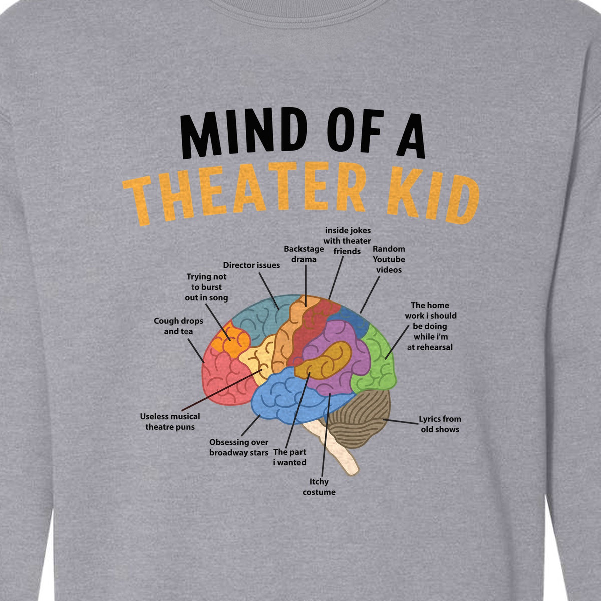 Theater Kid Sweatshirt, Colorful Brain Graphic About Rehearsals and Costumes for Drama Students and Actors