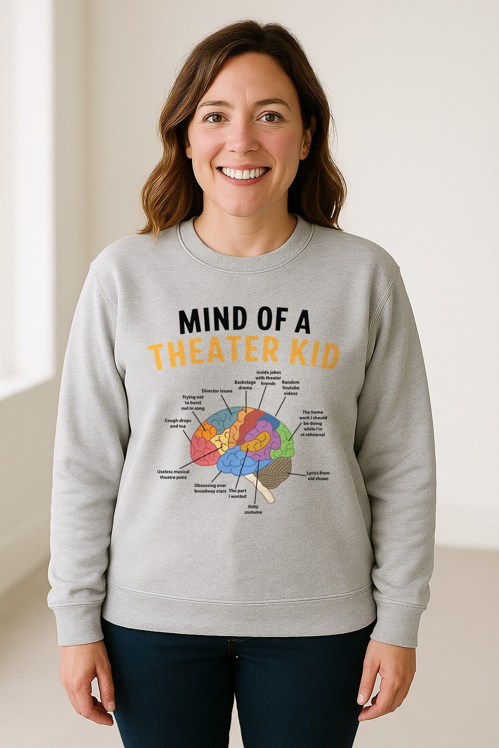 Theater Kid Sweatshirt, Colorful Brain Graphic About Rehearsals and Costumes for Drama Students and Actors