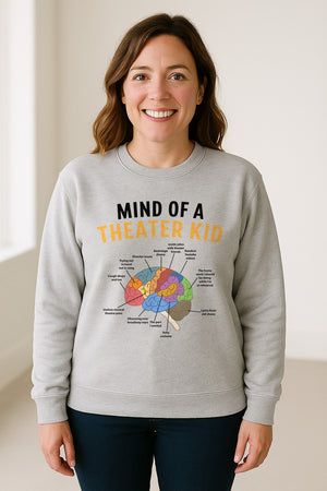 Theater Kid Sweatshirt, Colorful Brain Graphic About Rehearsals and Costumes for Drama Students and Actors