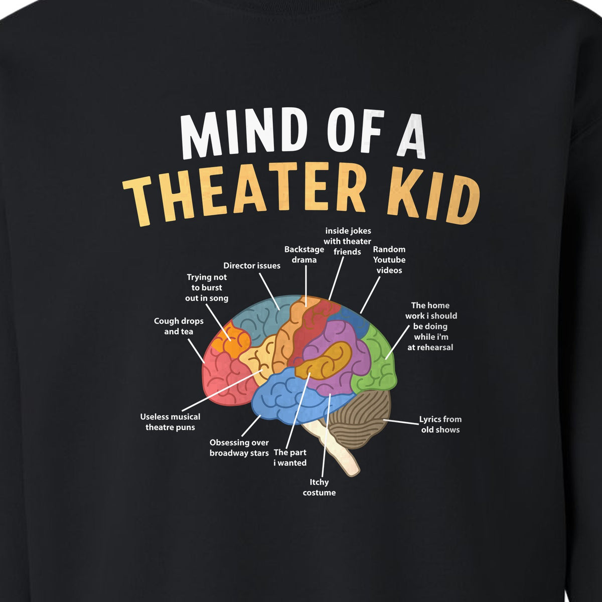 Theater Kid Sweatshirt, Colorful Brain Graphic About Rehearsals and Costumes for Drama Students and Actors
