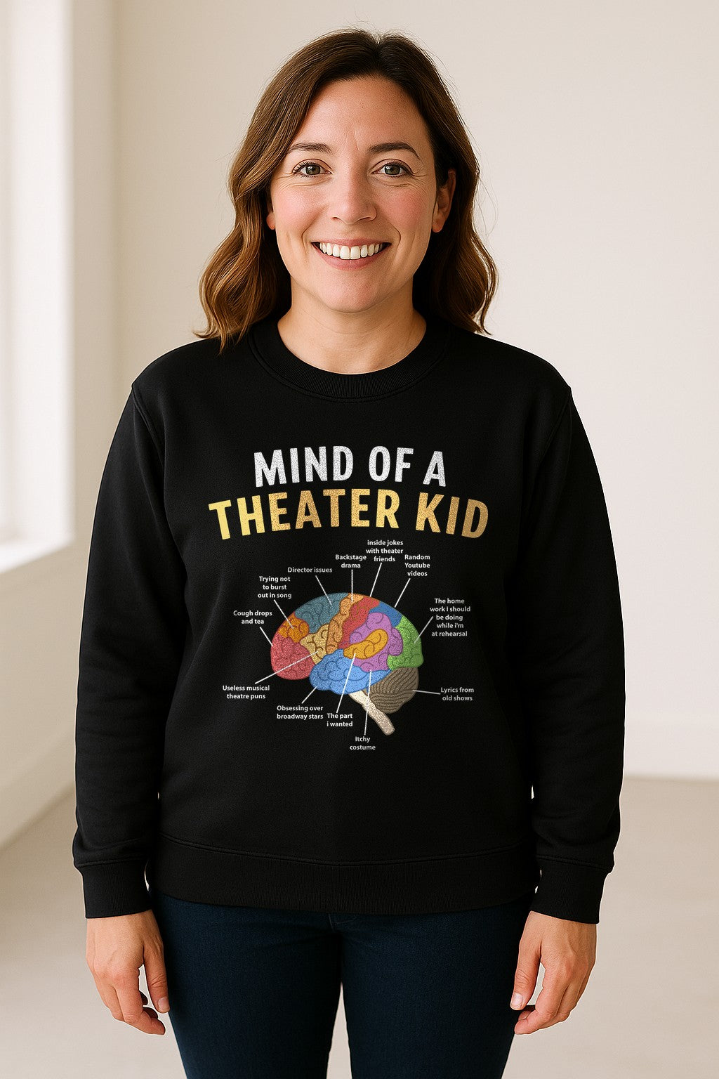 Theater Kid Sweatshirt, Colorful Brain Graphic About Rehearsals and Costumes for Drama Students and Actors