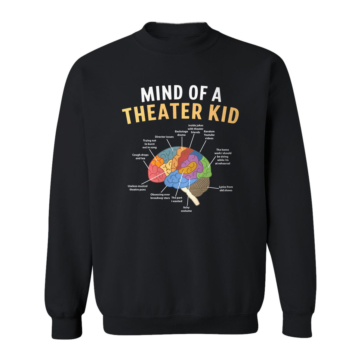 Theater Kid Sweatshirt, Colorful Brain Graphic About Rehearsals and Costumes for Drama Students and Actors