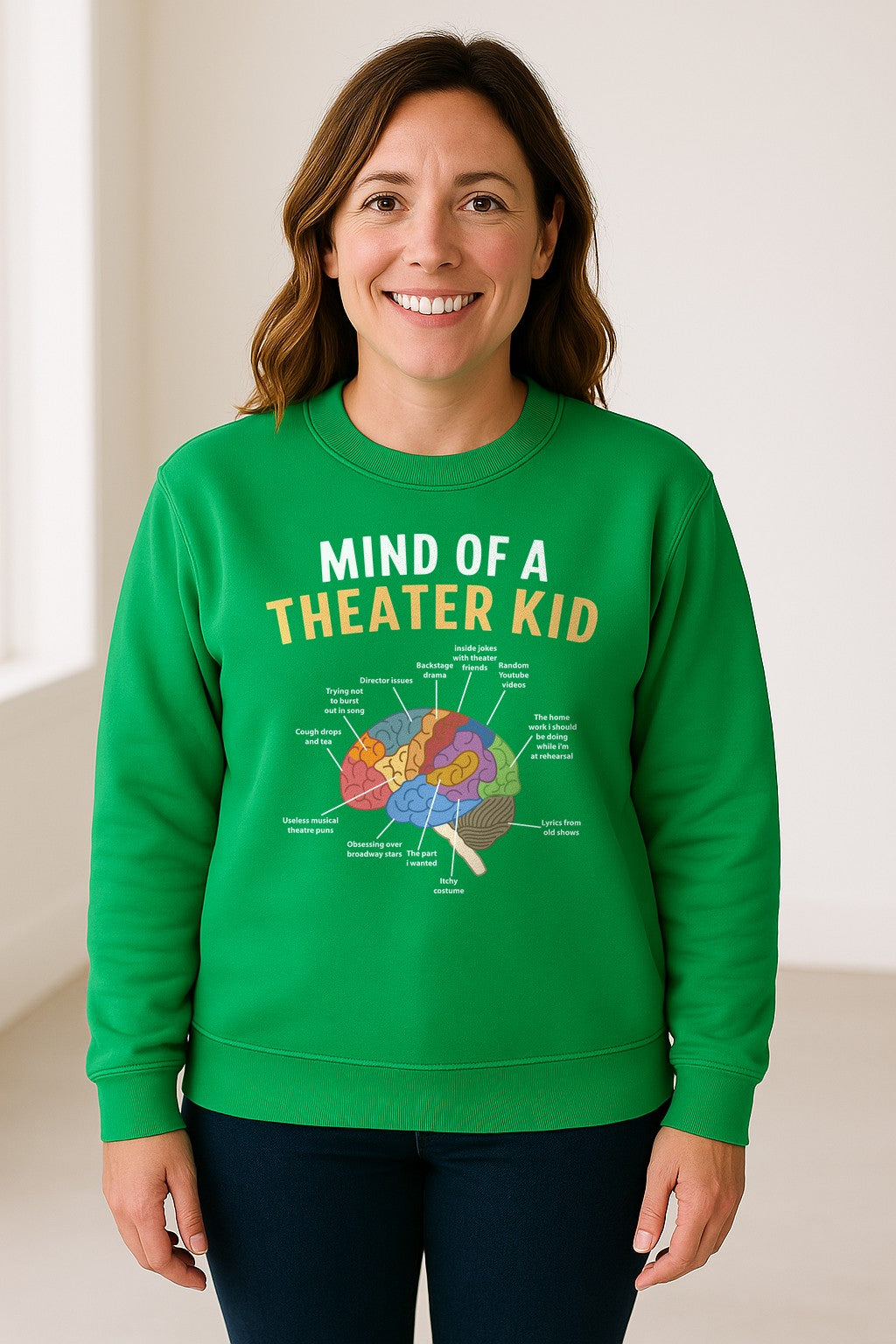 Theater Kid Sweatshirt, Colorful Brain Graphic About Rehearsals and Costumes for Drama Students and Actors
