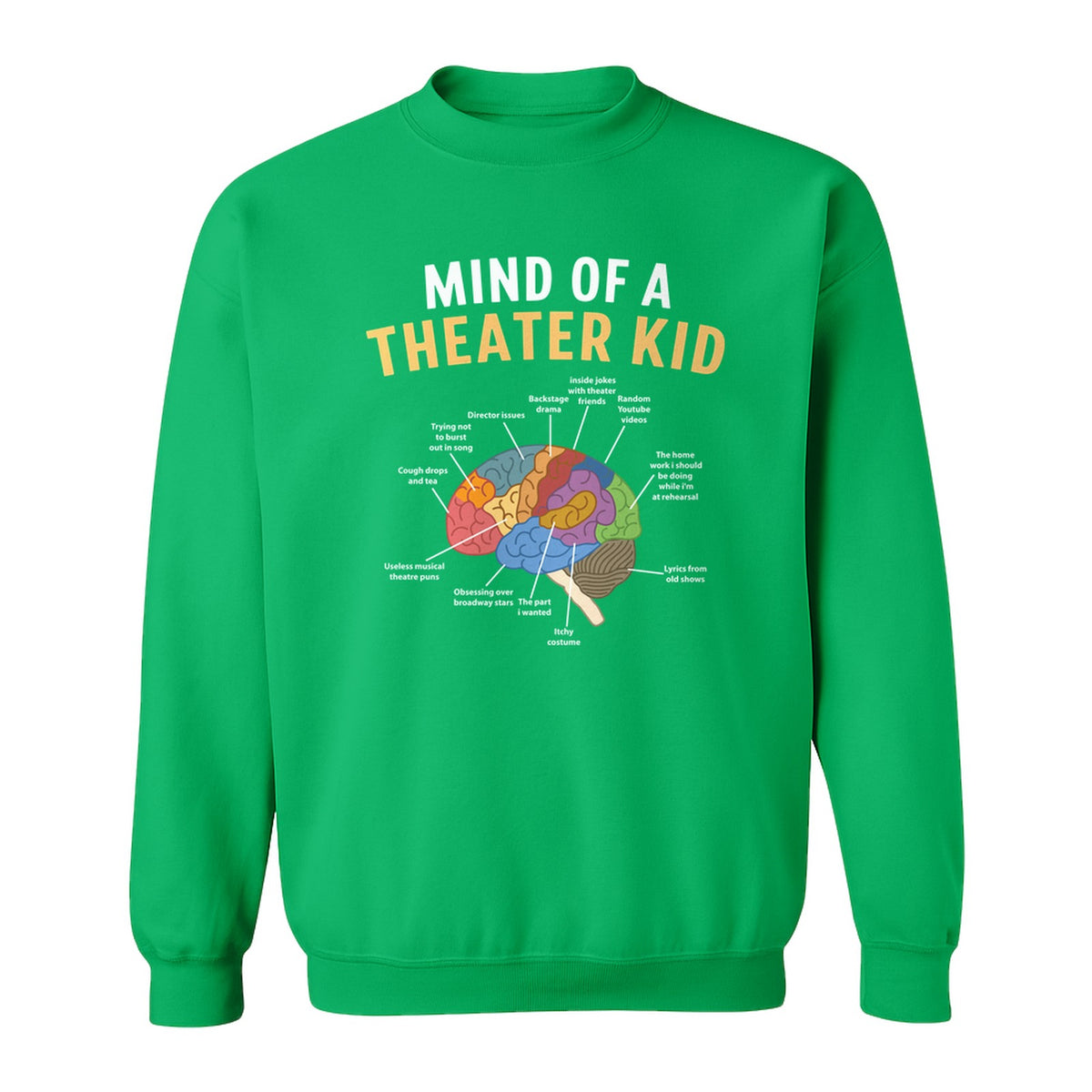 Theater Kid Sweatshirt, Colorful Brain Graphic About Rehearsals and Costumes for Drama Students and Actors