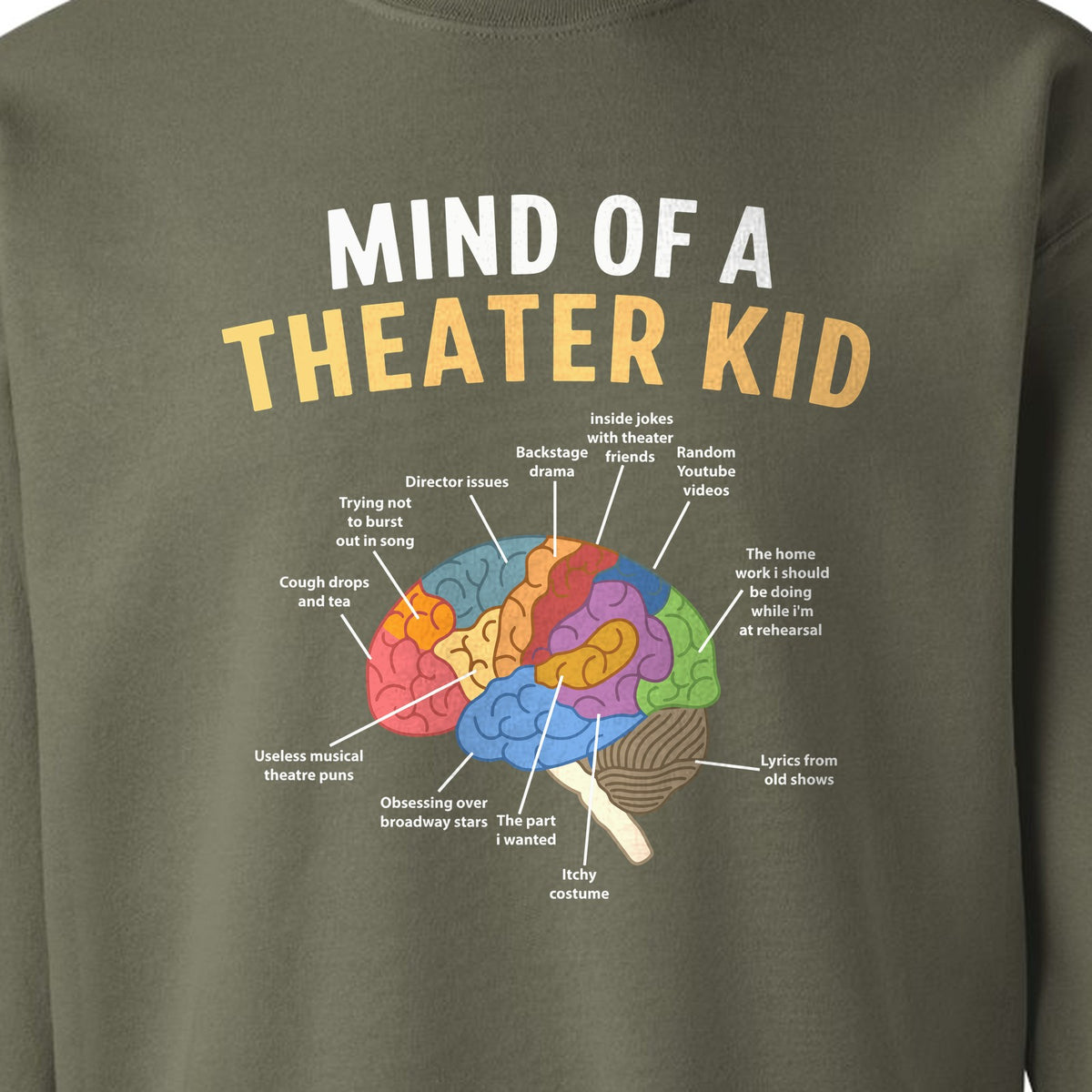Theater Kid Sweatshirt, Colorful Brain Graphic About Rehearsals and Costumes for Drama Students and Actors