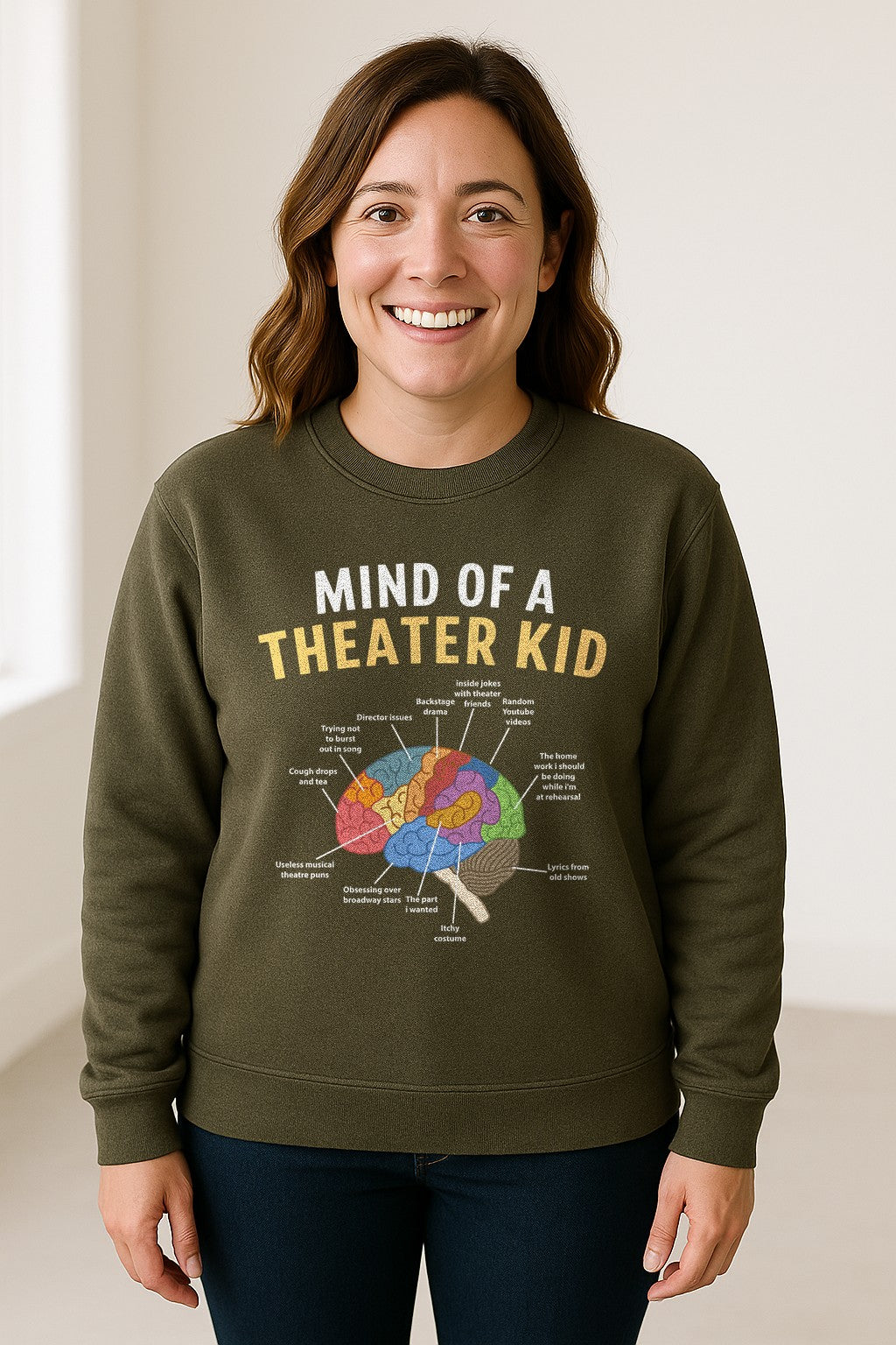 Theater Kid Sweatshirt, Colorful Brain Graphic About Rehearsals and Costumes for Drama Students and Actors