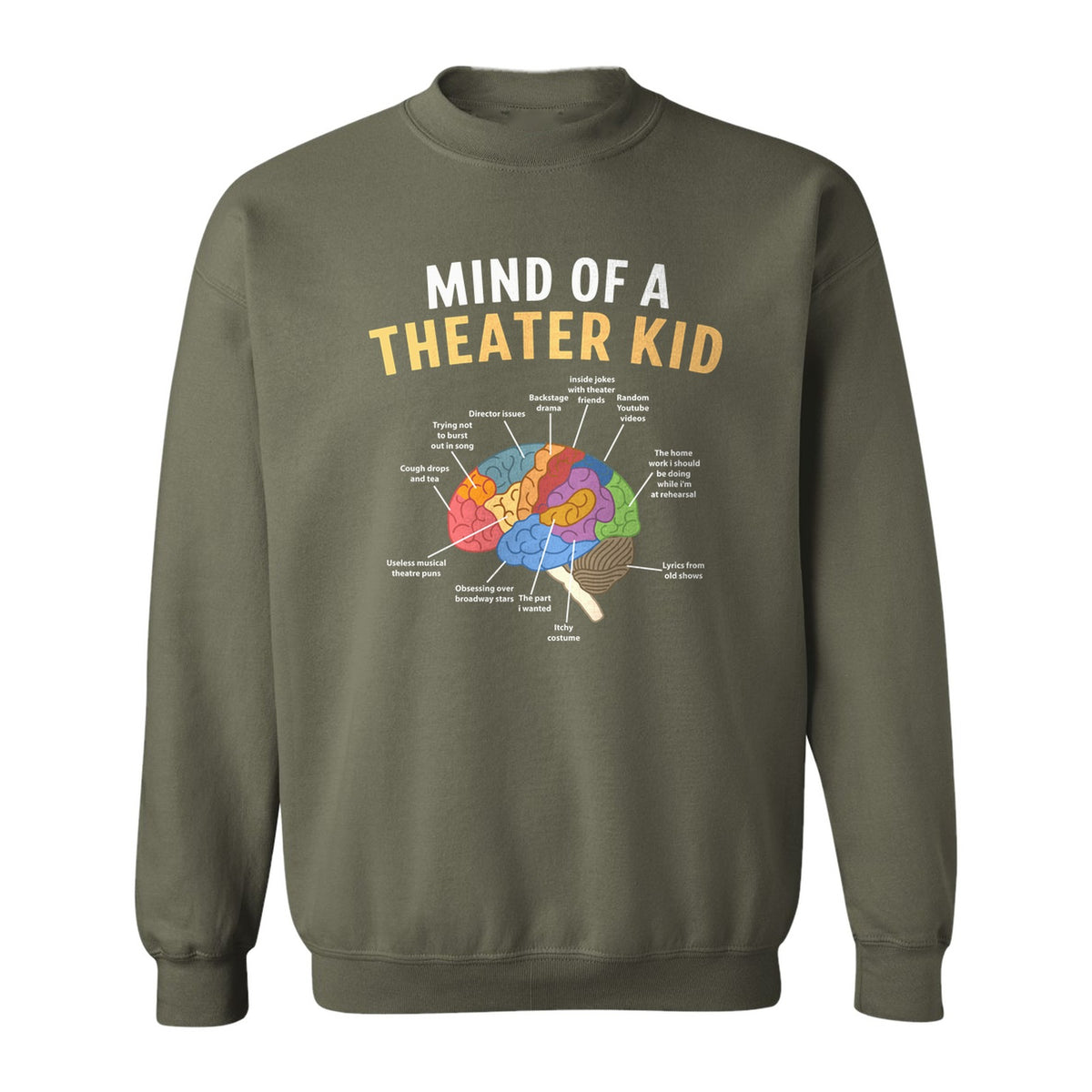Theater Kid Sweatshirt, Colorful Brain Graphic About Rehearsals and Costumes for Drama Students and Actors