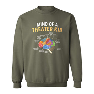 Theater Kid Sweatshirt, Colorful Brain Graphic About Rehearsals and Costumes for Drama Students and Actors