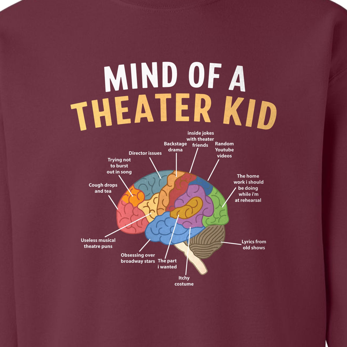 Theater Kid Sweatshirt, Colorful Brain Graphic About Rehearsals and Costumes for Drama Students and Actors