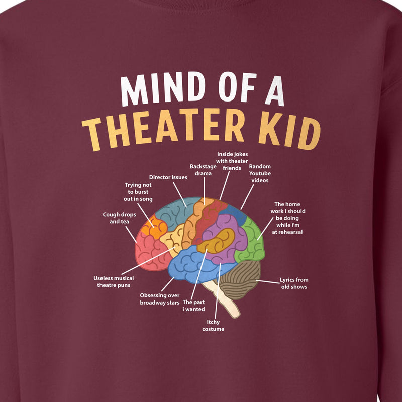 Theater Kid Sweatshirt, Colorful Brain Graphic About Rehearsals and Costumes for Drama Students and Actors