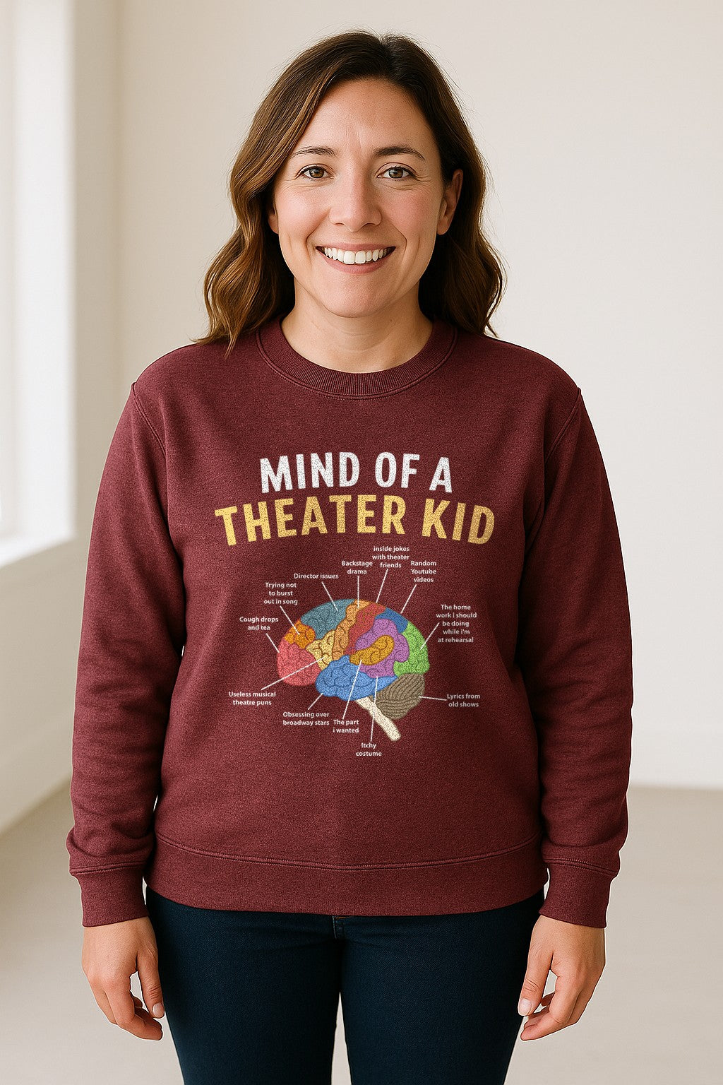 Theater Kid Sweatshirt, Colorful Brain Graphic About Rehearsals and Costumes for Drama Students and Actors