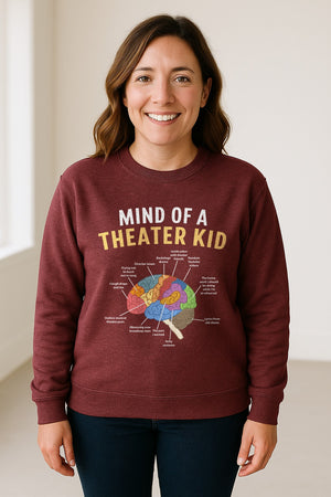 Theater Kid Sweatshirt, Colorful Brain Graphic About Rehearsals and Costumes for Drama Students and Actors