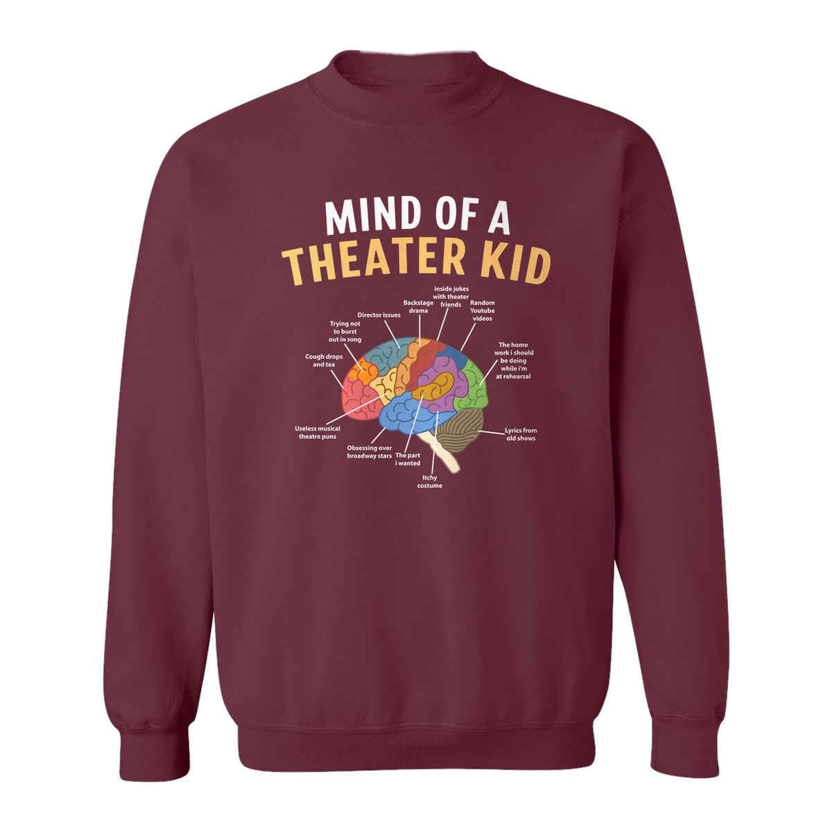 Theater Kid Sweatshirt, Colorful Brain Graphic About Rehearsals and Costumes for Drama Students and Actors