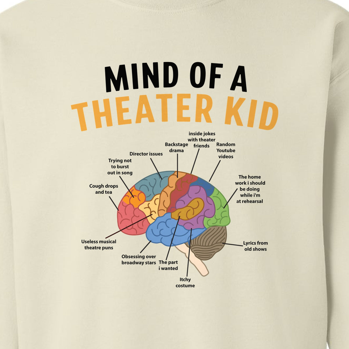 Theater Kid Sweatshirt, Colorful Brain Graphic About Rehearsals and Costumes for Drama Students and Actors