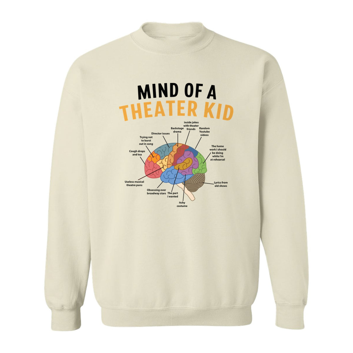 Theater Kid Sweatshirt, Colorful Brain Graphic About Rehearsals and Costumes for Drama Students and Actors