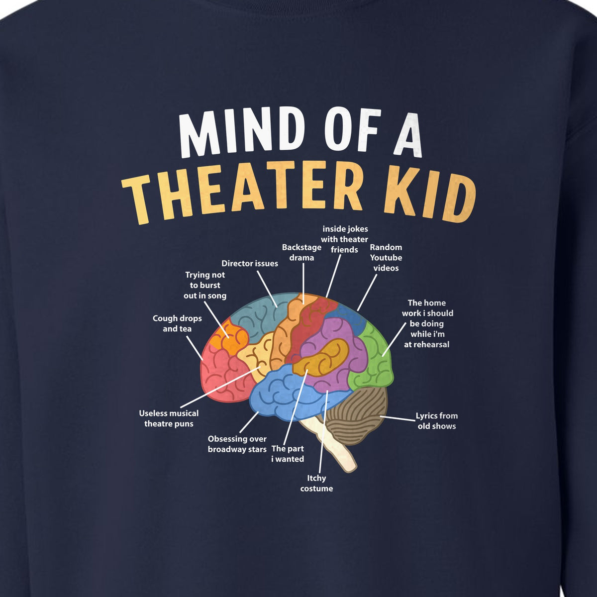 Theater Kid Sweatshirt, Colorful Brain Graphic About Rehearsals and Costumes for Drama Students and Actors