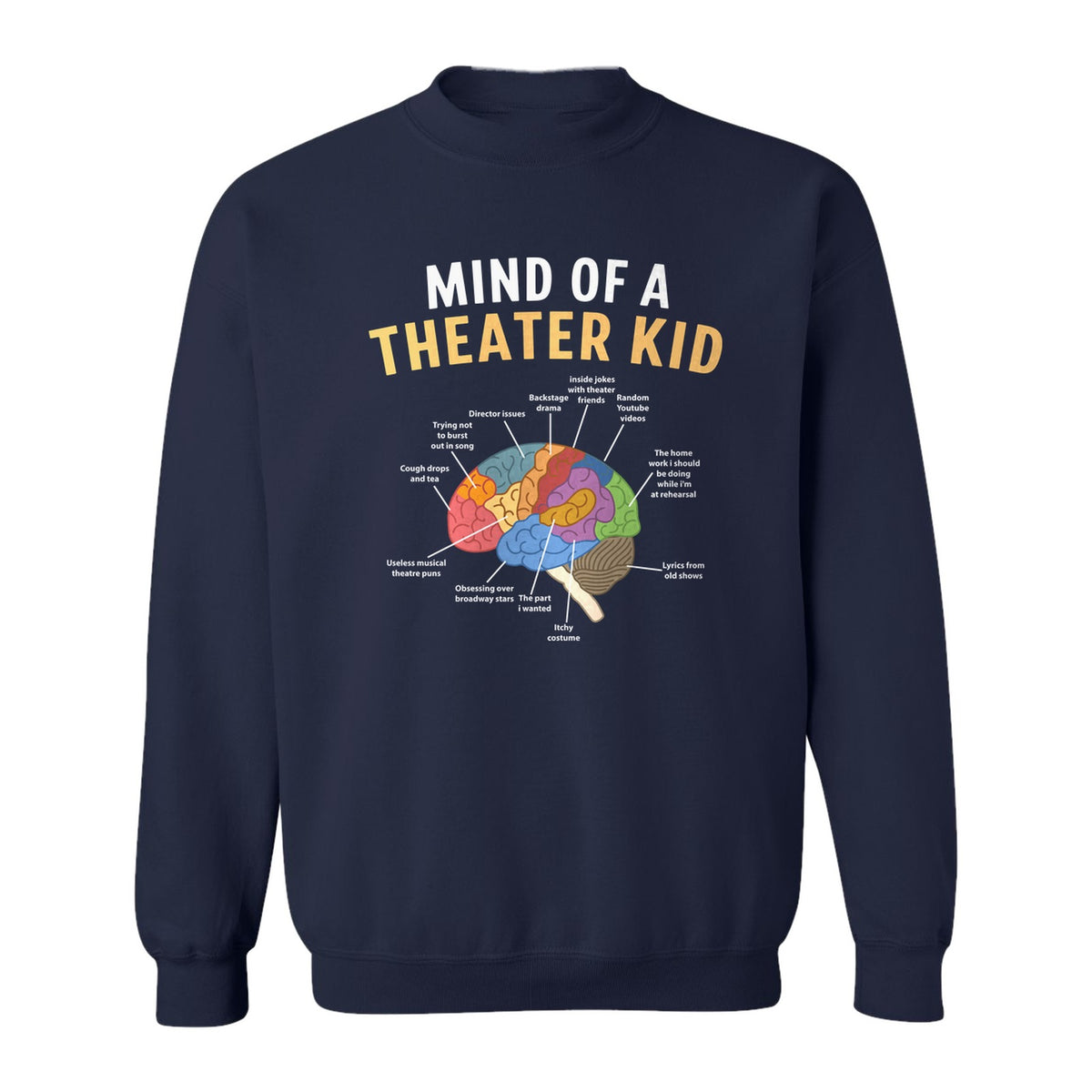 Theater Kid Sweatshirt, Colorful Brain Graphic About Rehearsals and Costumes for Drama Students and Actors