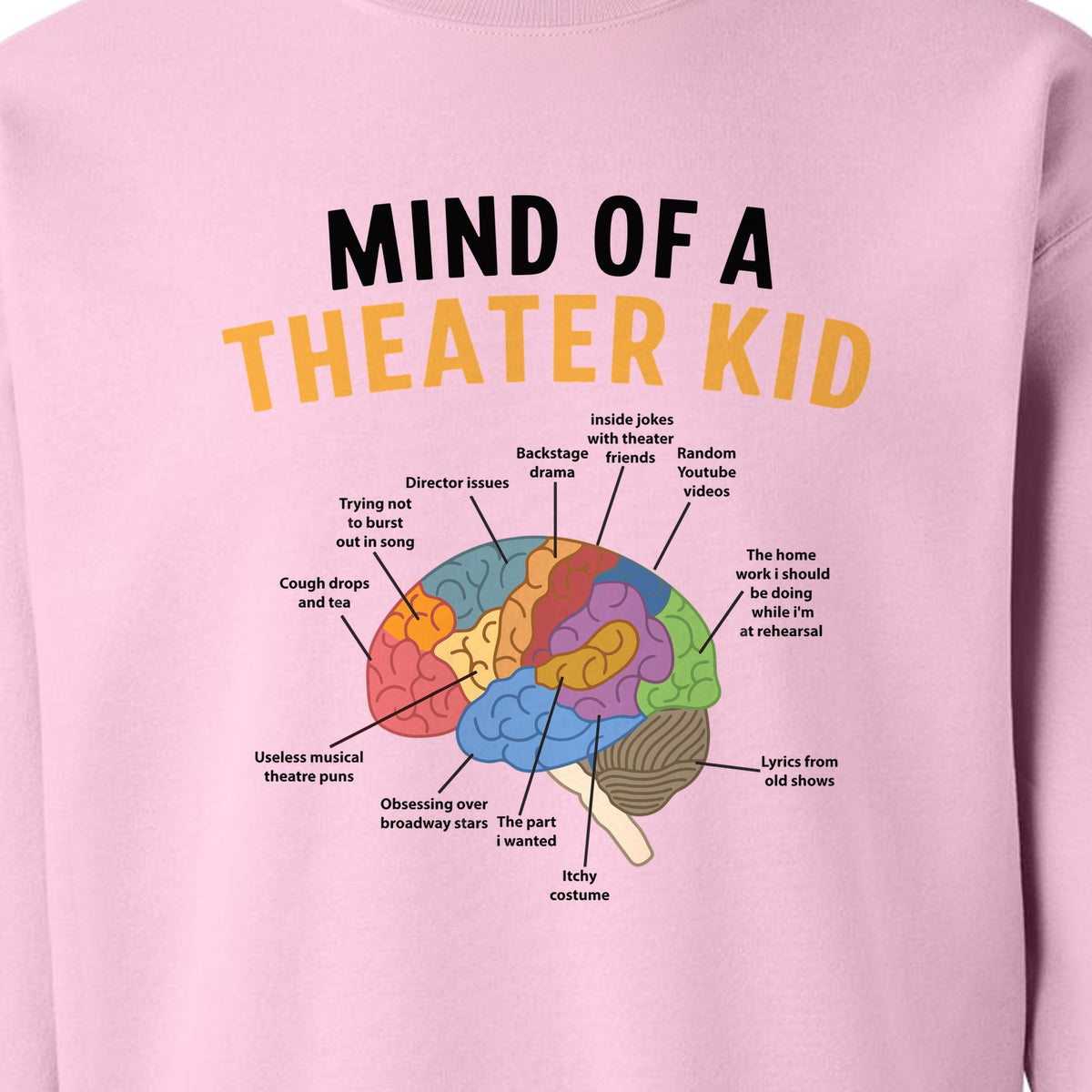 Theater Kid Sweatshirt, Colorful Brain Graphic About Rehearsals and Costumes for Drama Students and Actors