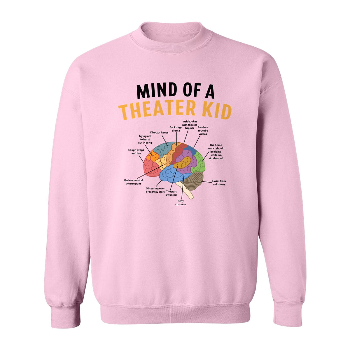 Theater Kid Sweatshirt, Colorful Brain Graphic About Rehearsals and Costumes for Drama Students and Actors
