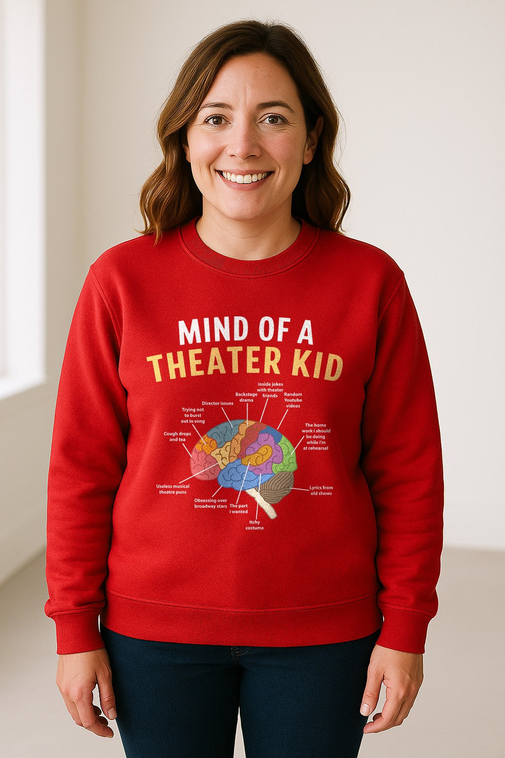 Theater Kid Sweatshirt, Colorful Brain Graphic About Rehearsals and Costumes for Drama Students and Actors