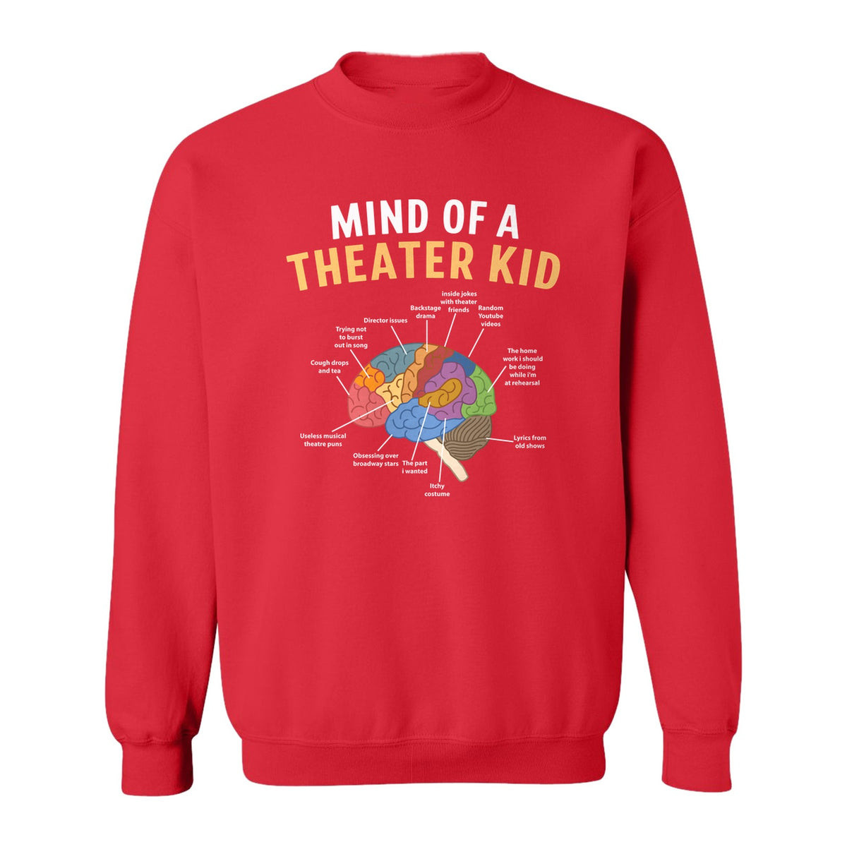 Theater Kid Sweatshirt, Colorful Brain Graphic About Rehearsals and Costumes for Drama Students and Actors