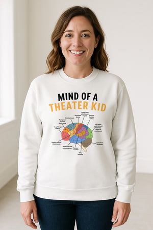 Theater Kid Sweatshirt, Colorful Brain Graphic About Rehearsals and Costumes for Drama Students and Actors