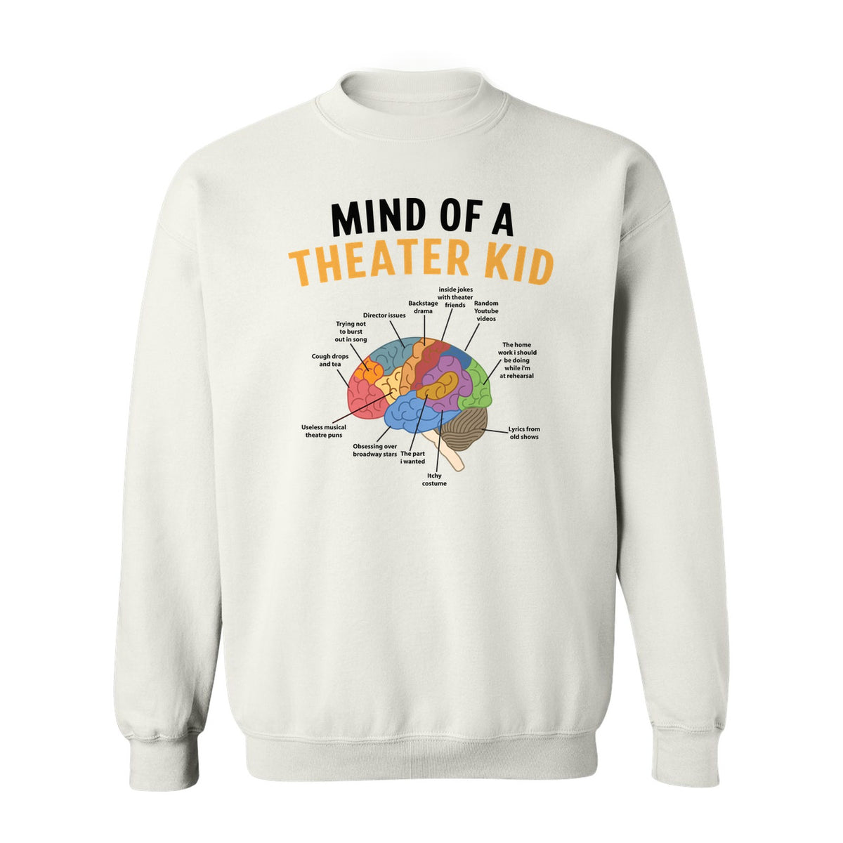 Theater Kid Sweatshirt, Colorful Brain Graphic About Rehearsals and Costumes for Drama Students and Actors