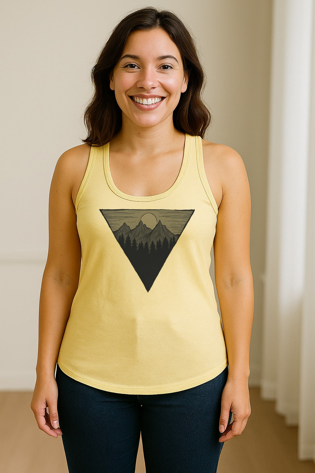 Geometric Moon and Mountain Women's Racerback Tank Top, Outdoor Adventure Landscape Design