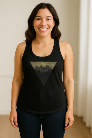 Geometric Moon and Mountain Women's Racerback Tank Top, Outdoor Adventure Landscape Design