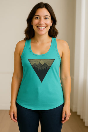 Geometric Moon and Mountain Women's Racerback Tank Top, Outdoor Adventure Landscape Design