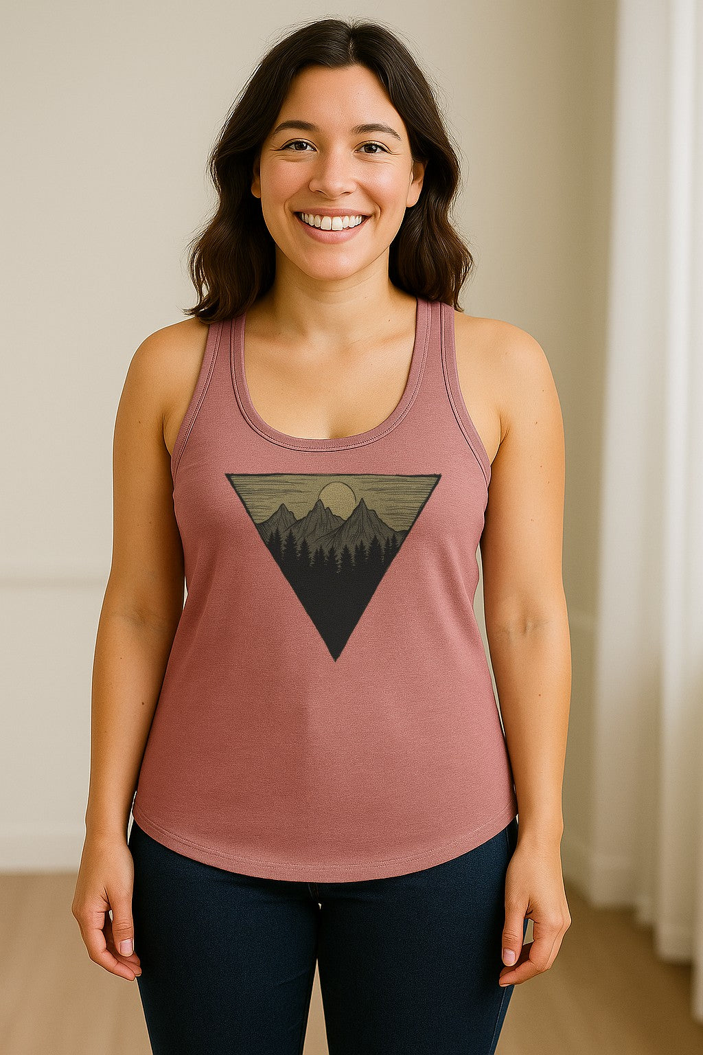 Geometric Moon and Mountain Women's Racerback Tank Top, Outdoor Adventure Landscape Design