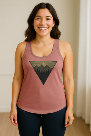 Geometric Moon and Mountain Women's Racerback Tank Top, Outdoor Adventure Landscape Design