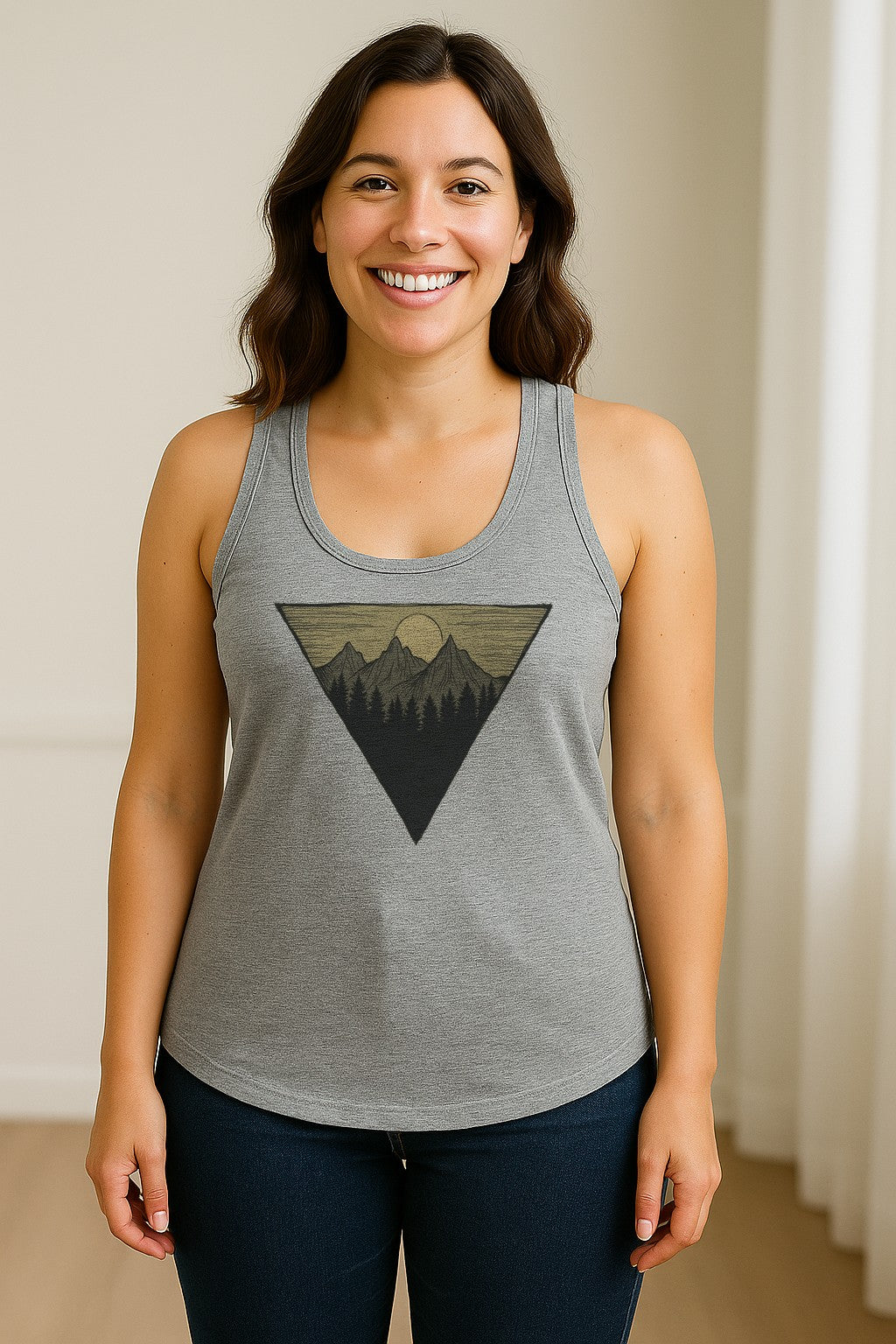 Geometric Moon and Mountain Women's Racerback Tank Top, Outdoor Adventure Landscape Design