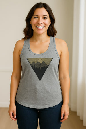 Geometric Moon and Mountain Women's Racerback Tank Top, Outdoor Adventure Landscape Design