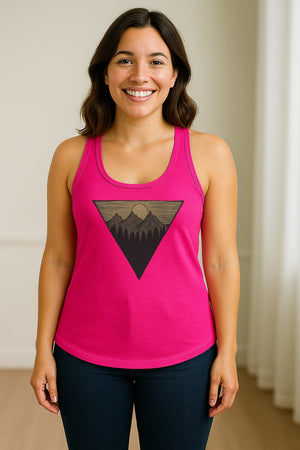 Geometric Moon and Mountain Women's Racerback Tank Top, Outdoor Adventure Landscape Design
