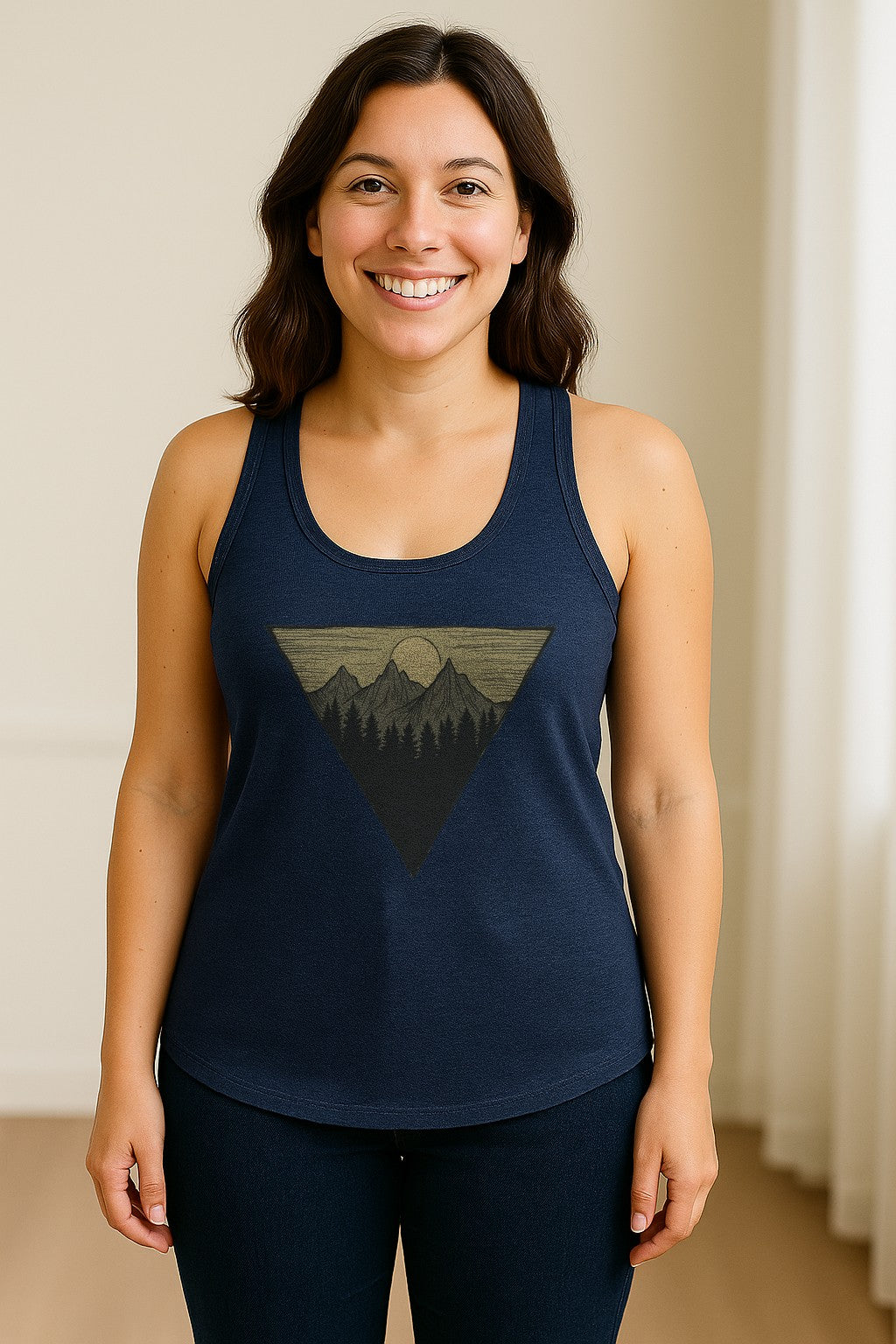 Geometric Moon and Mountain Women's Racerback Tank Top, Outdoor Adventure Landscape Design