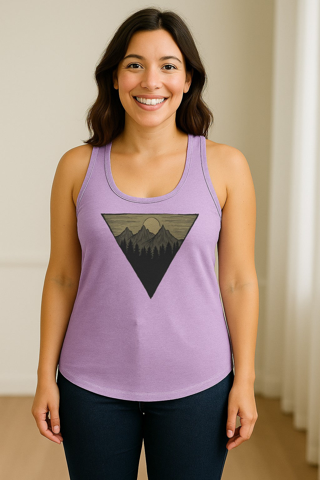 Geometric Moon and Mountain Women's Racerback Tank Top, Outdoor Adventure Landscape Design