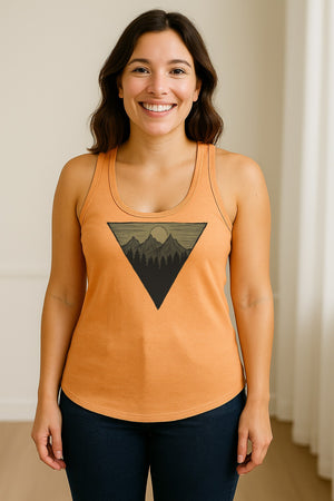 Geometric Moon and Mountain Women's Racerback Tank Top, Outdoor Adventure Landscape Design