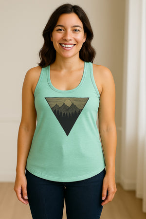 Geometric Moon and Mountain Women's Racerback Tank Top, Outdoor Adventure Landscape Design