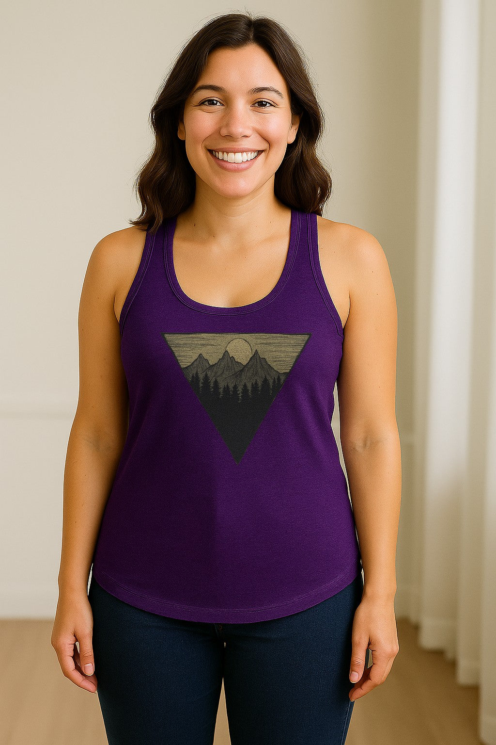 Geometric Moon and Mountain Women's Racerback Tank Top, Outdoor Adventure Landscape Design