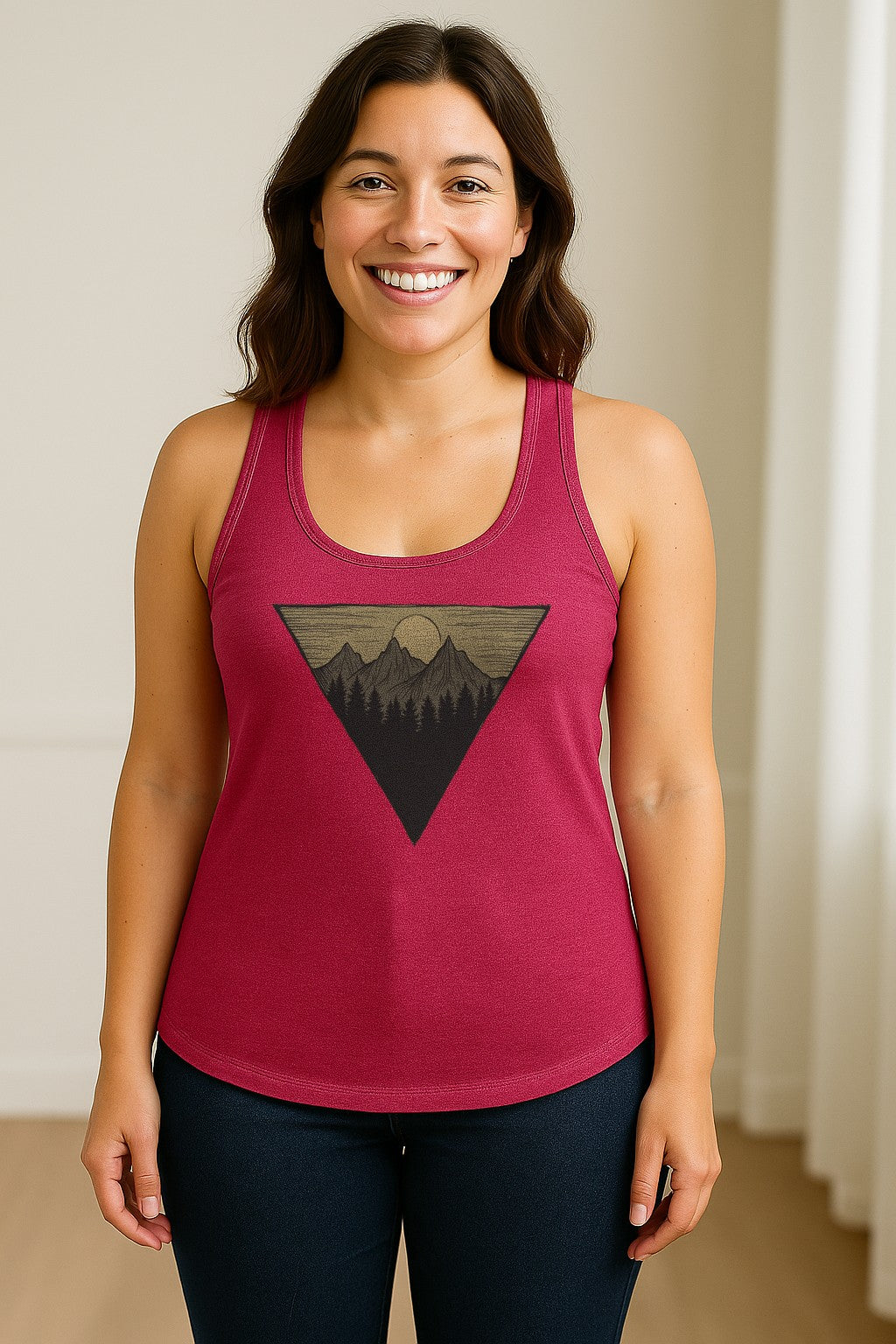 Geometric Moon and Mountain Women's Racerback Tank Top, Outdoor Adventure Landscape Design
