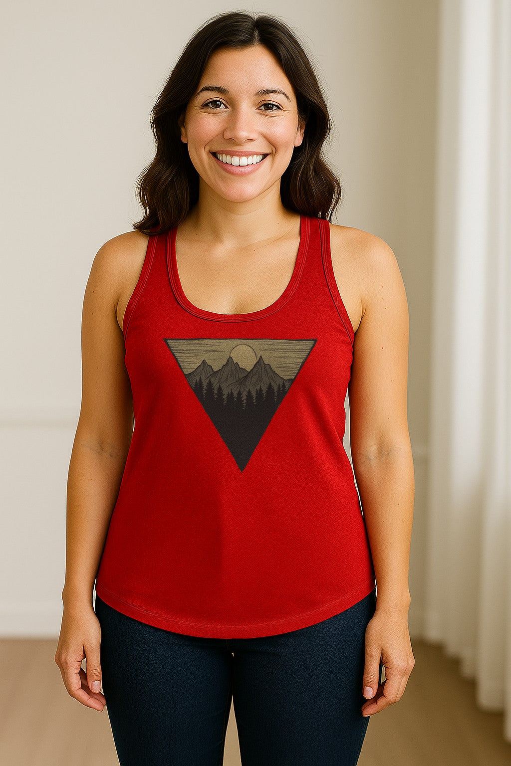 Geometric Moon and Mountain Women's Racerback Tank Top, Outdoor Adventure Landscape Design
