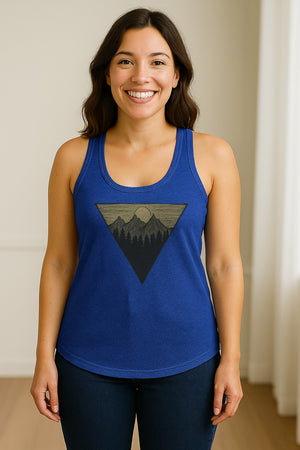 Geometric Moon and Mountain Women's Racerback Tank Top, Outdoor Adventure Landscape Design