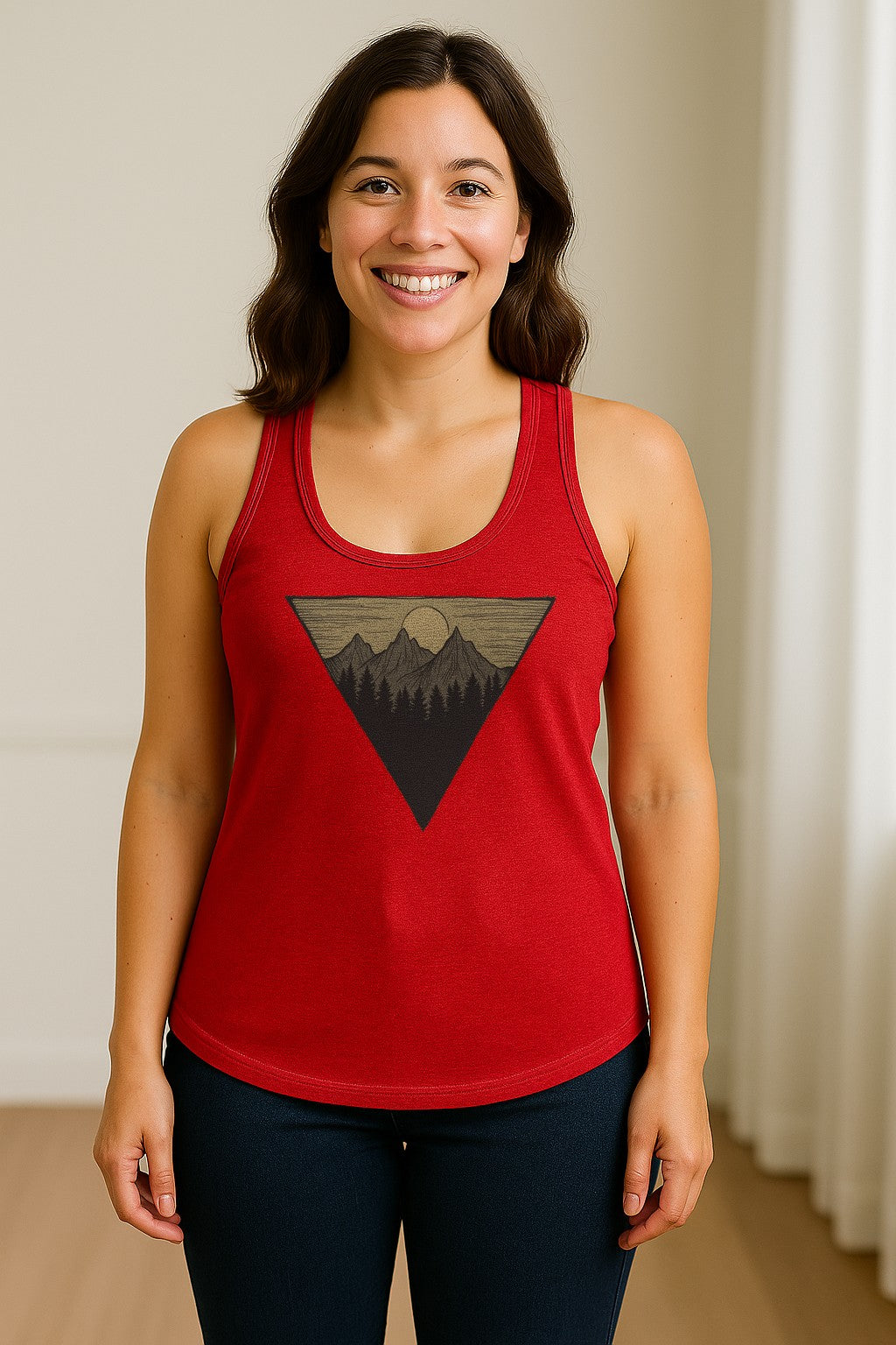 Geometric Moon and Mountain Women's Racerback Tank Top, Outdoor Adventure Landscape Design