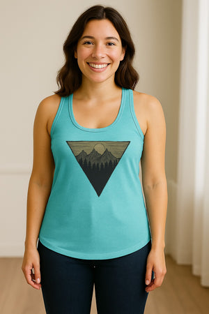 Geometric Moon and Mountain Women's Racerback Tank Top, Outdoor Adventure Landscape Design