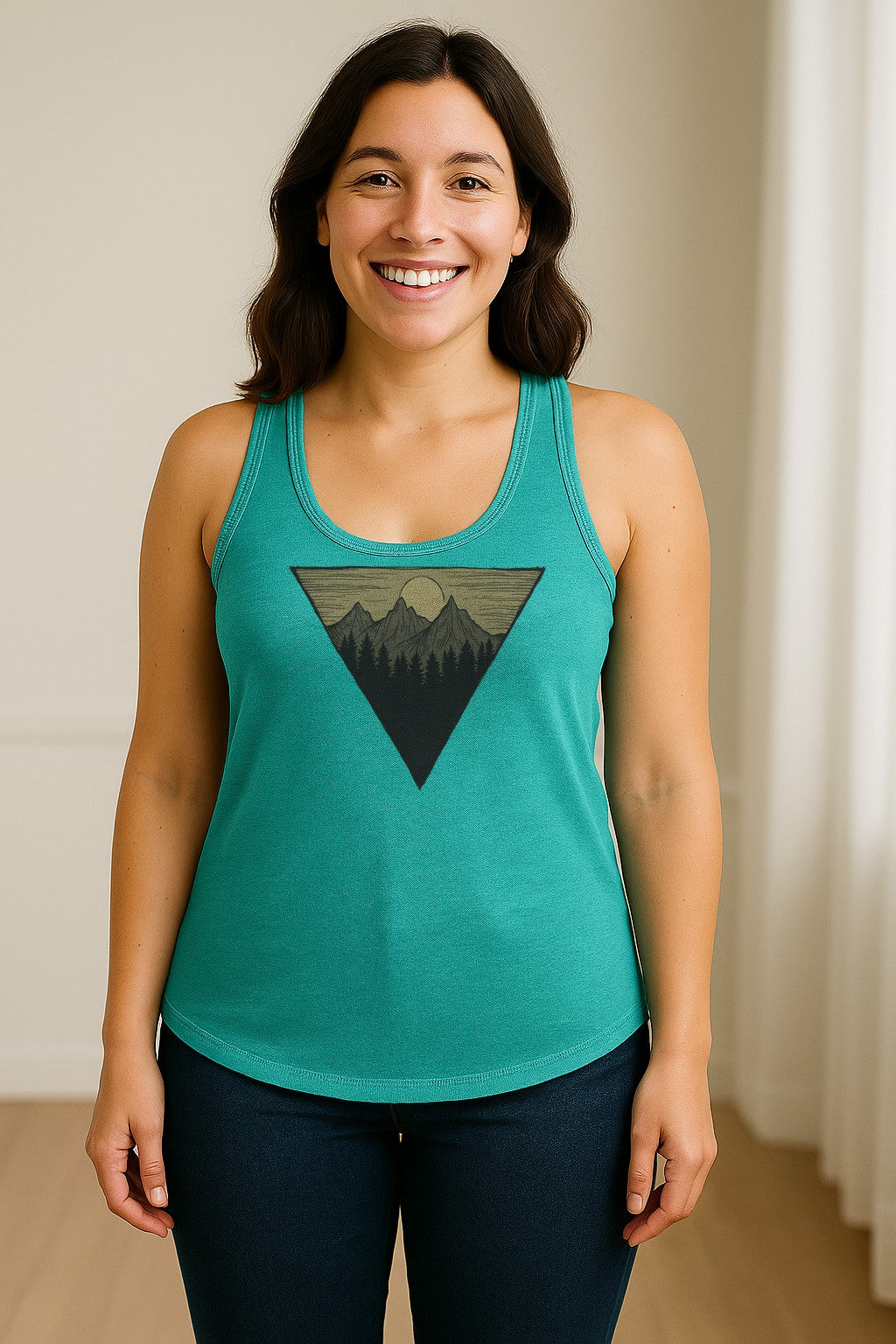 Geometric Moon and Mountain Women's Racerback Tank Top, Outdoor Adventure Landscape Design