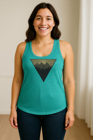 Geometric Moon and Mountain Women's Racerback Tank Top, Outdoor Adventure Landscape Design